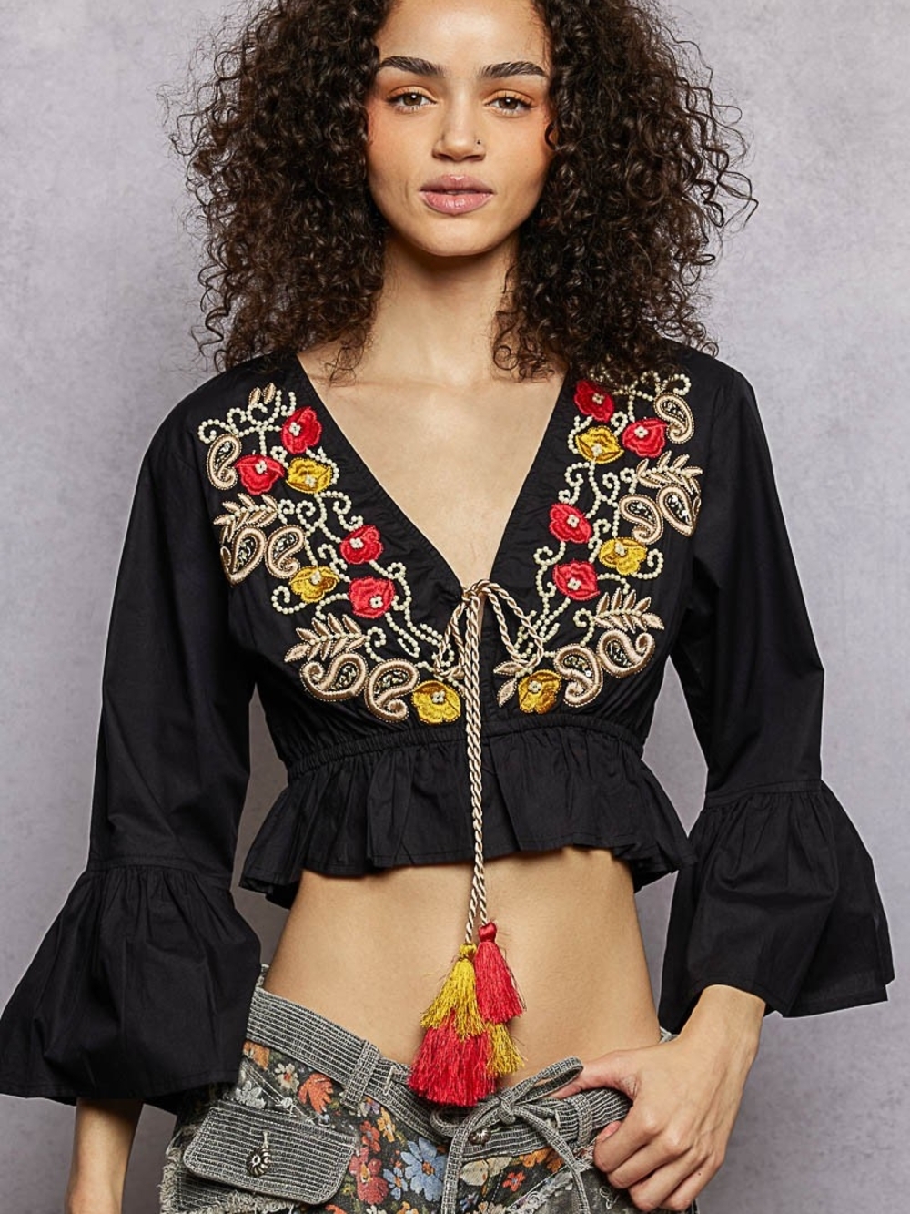 POL Embroidered Black Peasant Crop Top Tassel Tie SZ M, L